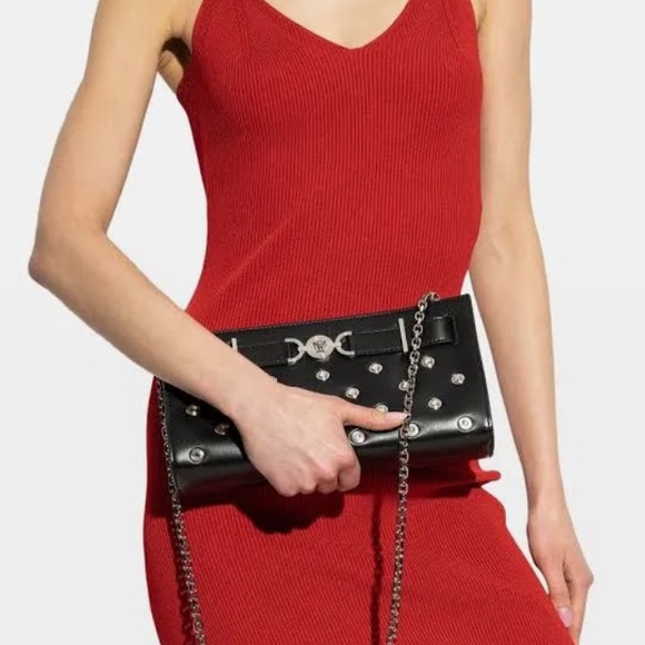 NEW! Versace Crystal Medusa 95 Studded Clutch Black Lamb Leather - Picture 12 of 12